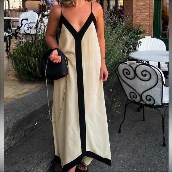 Cream & black stripe asymmetrical spaghetti strap v neck flowy casual maxi dress - Picture 6 of 6